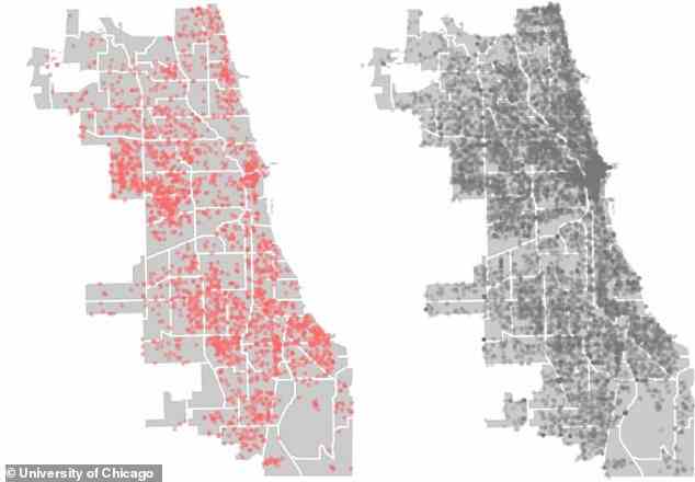 Gewaltverbrechen (links) und Eigentumsdelikte (rechts), die in Chicago innerhalb des zweiwöchigen Zeitraums zwischen dem 1. und 15. April 2017 aufgezeichnet wurden. Diese Vorfälle wurden verwendet, um das Computermodell zu trainieren
