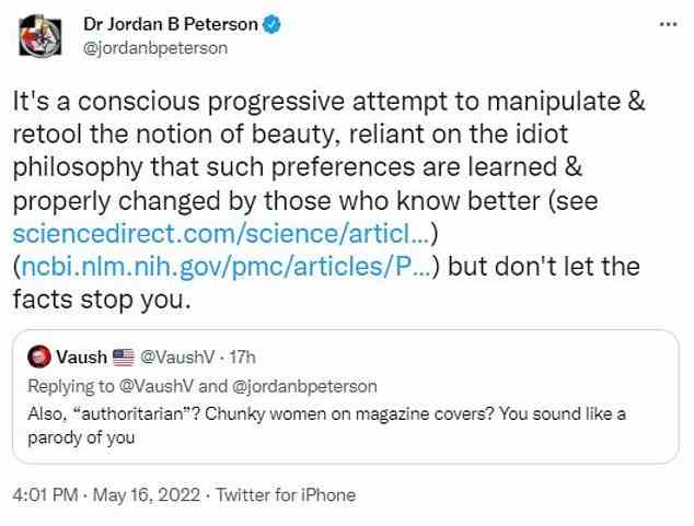 Peterson wurde mit Kritikern – einschließlich seiner Anhänger – konfrontiert, weil der Junge das Model beschämt hatte.  Er behauptete, die Zeitschriftenausgabe sei „ein bewusster progressiver Versuch, den Begriff der Schönheit zu manipulieren und umzugestalten“.