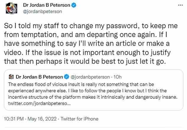 Peterson kündigte später an, dass er Twitter „verlassen“ und die Tweets seinen Mitarbeitern überlassen werde – nach der „endlosen Flut bösartiger“ Kommentare