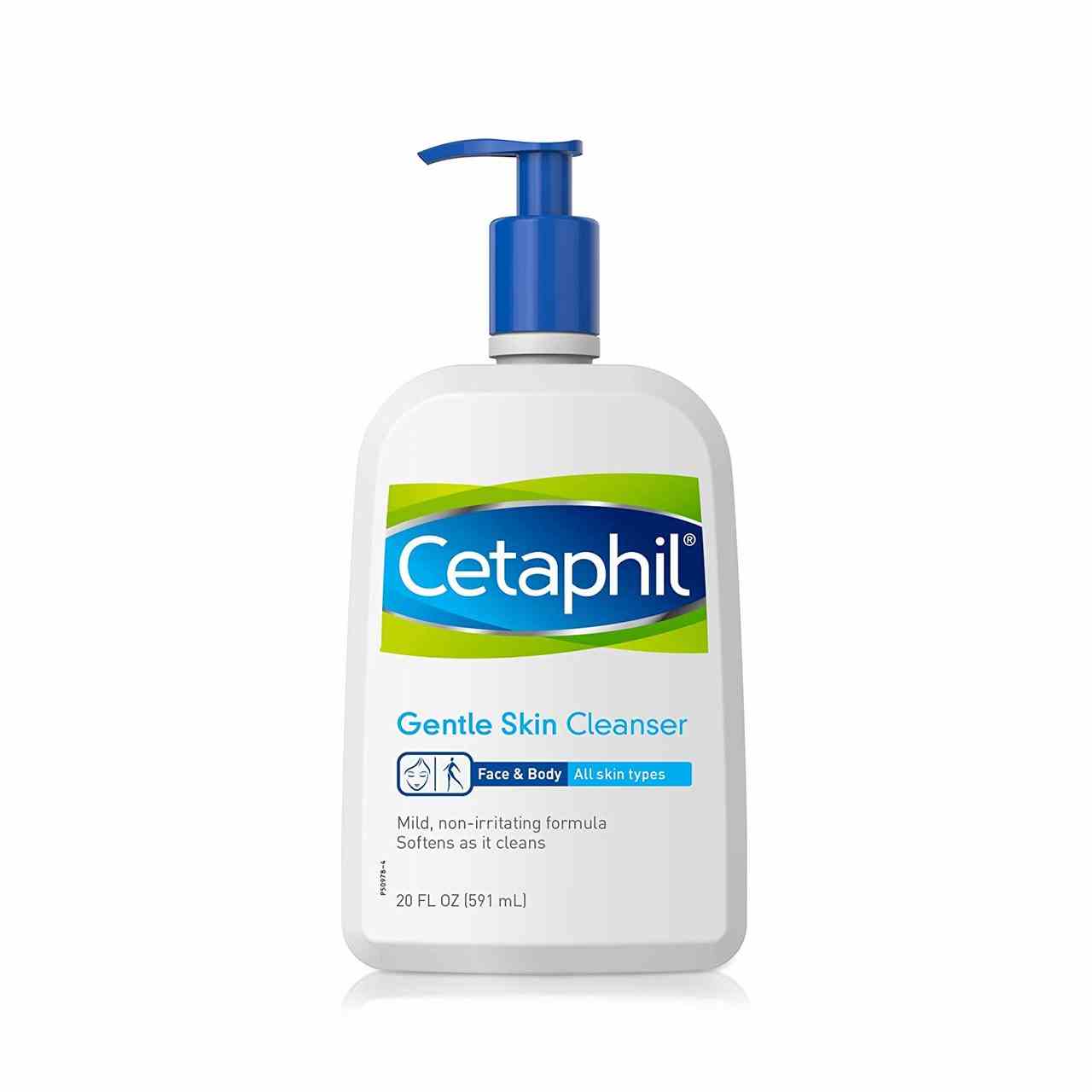 Eine blau-weiße Pumpflasche des Cetaphil Gentle Skin Cleanser auf weißem Hintergrund.