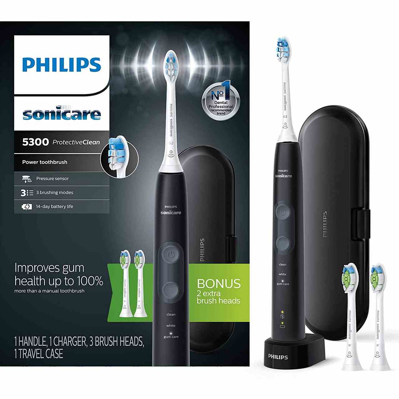 Das schwarz-weiße Philips Sonicare ProtectiveClean 5300 wiederaufladbare elektrische Zahnbürstenset auf weißem Hintergrund.