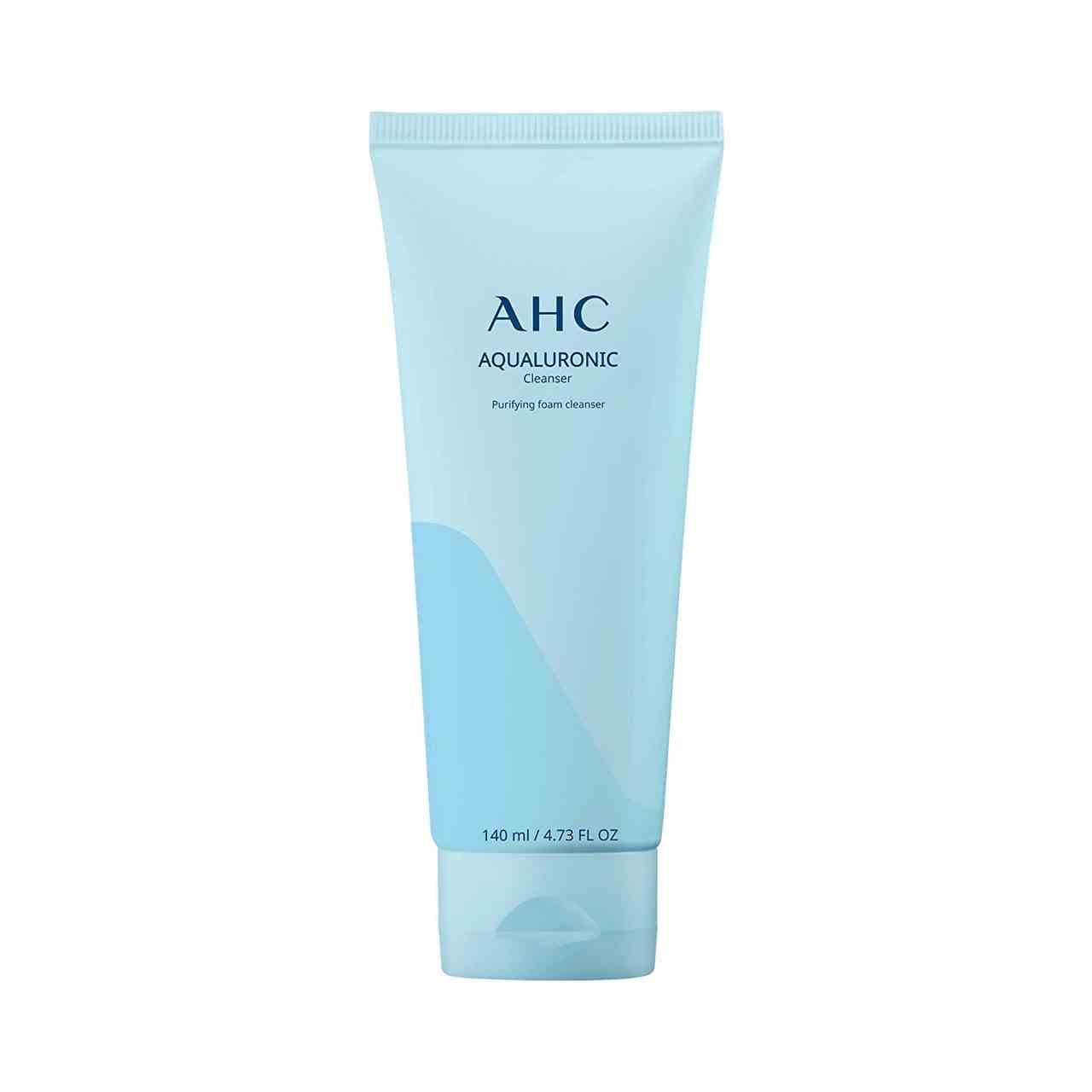 Eine blaue Flasche AHC Aqualuronic Cleanser auf weißem Hintergrund