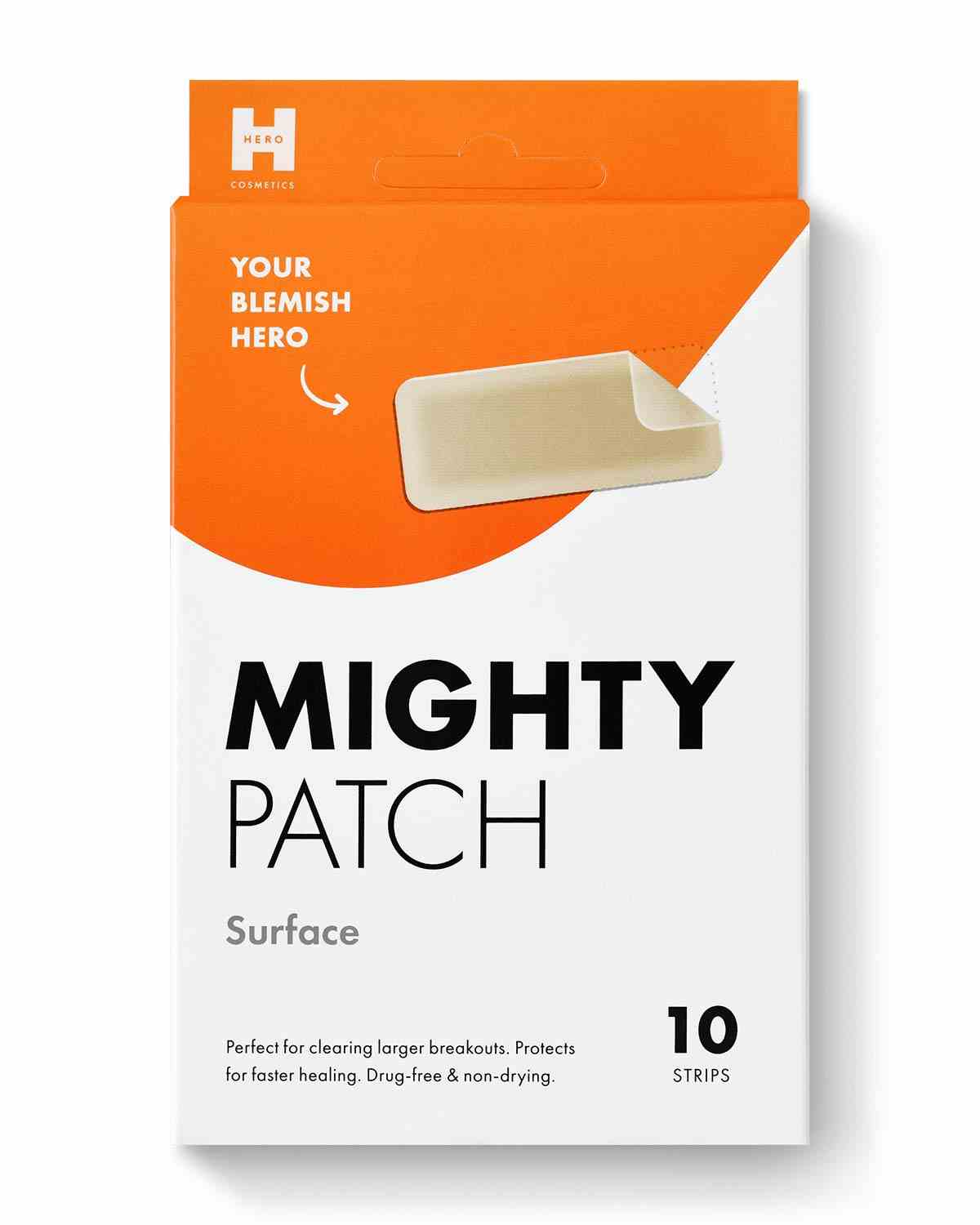 Eine orange-weiße Verpackungsbox für die Hero Cosmetics Mighty Patch Surface Akne-Hautpflege-Aufkleber auf weißem Hintergrund.