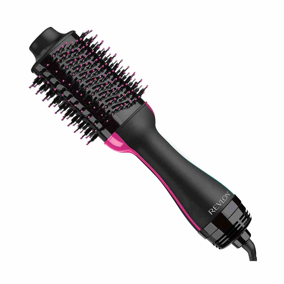 Das schwarz-rosa Revlon One-Step Hair Dryer And Volumizer Hot Air Brush Haarstyling-Tool auf weißem Hintergrund.