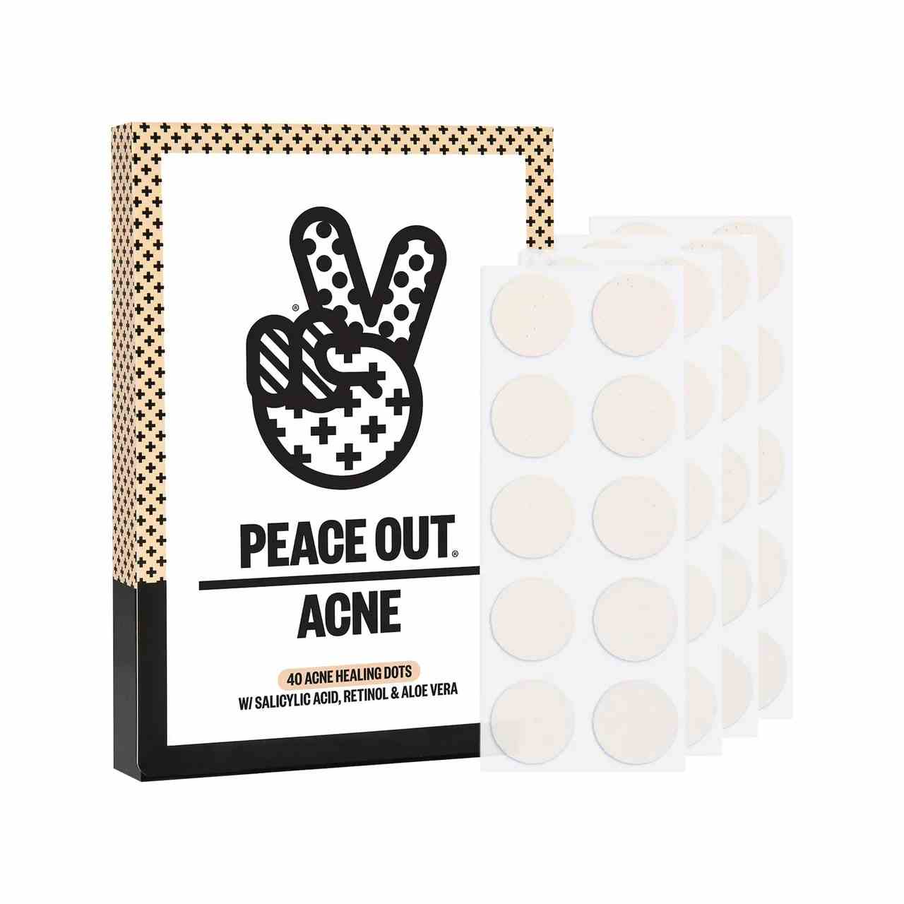 Peace Out Skincare Acne Dots Jumbo Kit Bögen mit kreisförmigen cremefarbenen Aknepunkten und einer Schachtel auf weißem Hintergrund