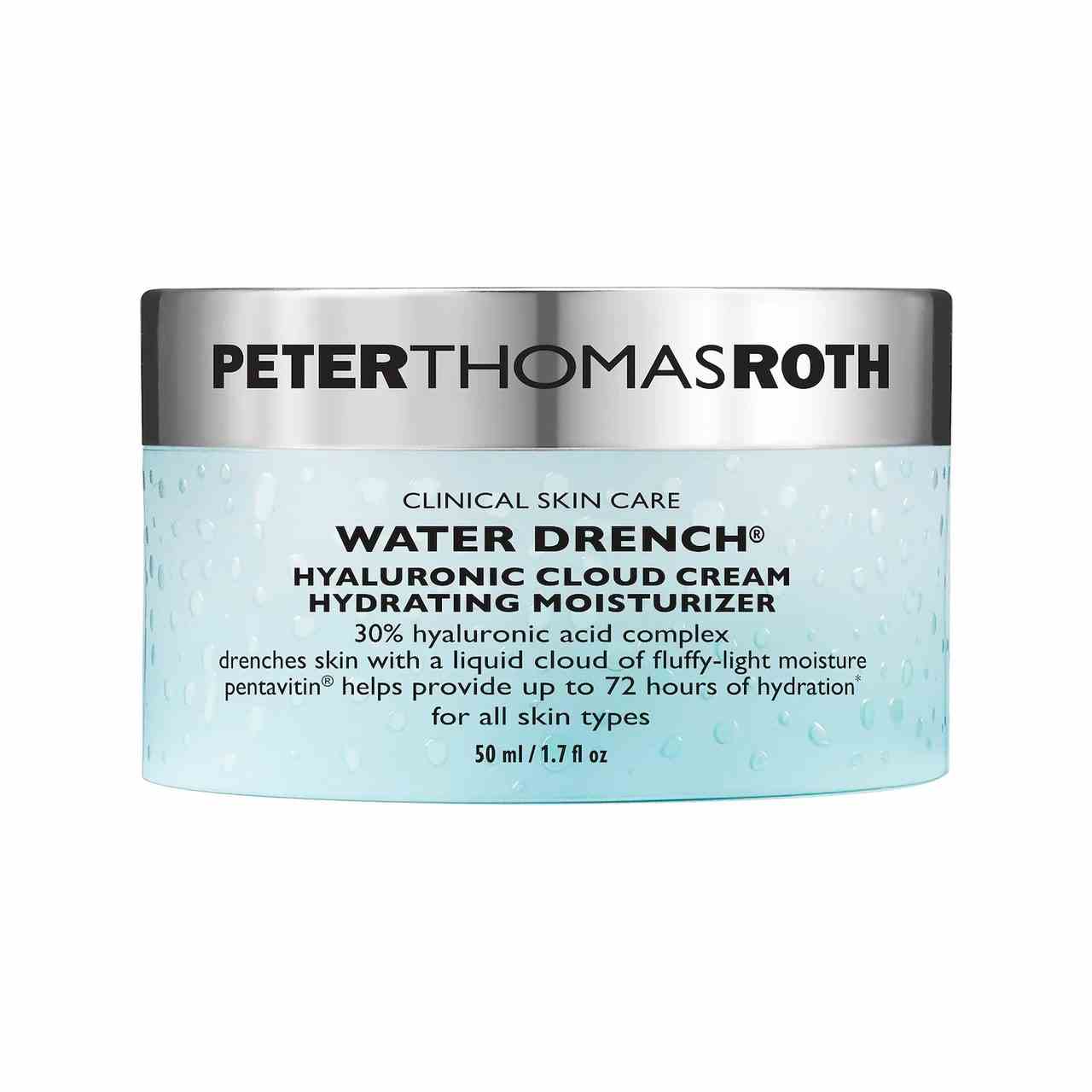 Peter Thomas Roth Water Drench Hyaluronic Cloud Cream hellblaues Glas mit silberner Kappe auf weißem Hintergrund