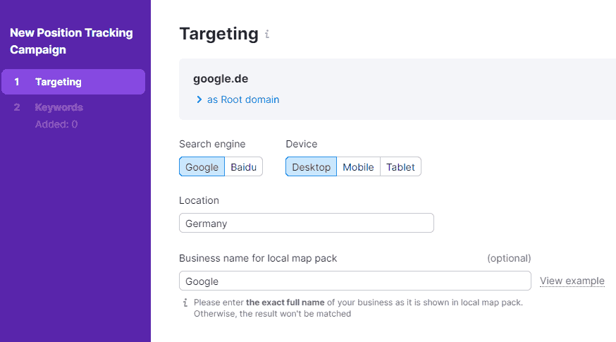 Beispiel für das Keyword-Positions-Tracking-Tool von Semrush für deutsche Keywords