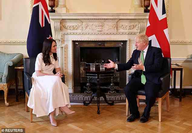The pair discussed a recently-signed free trade agreement between the UK and New Zealand, as well as the ongoing war in Ukraine. Here the pair are pictured talking inside Downing Street