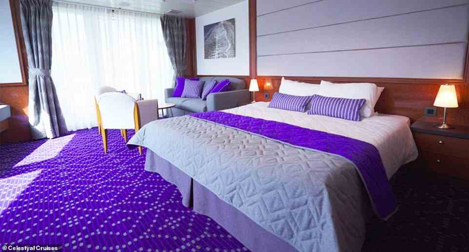 Harriet says that the cabins and suites on the ship 'could do with a refresh'. Pictured is one of the staterooms