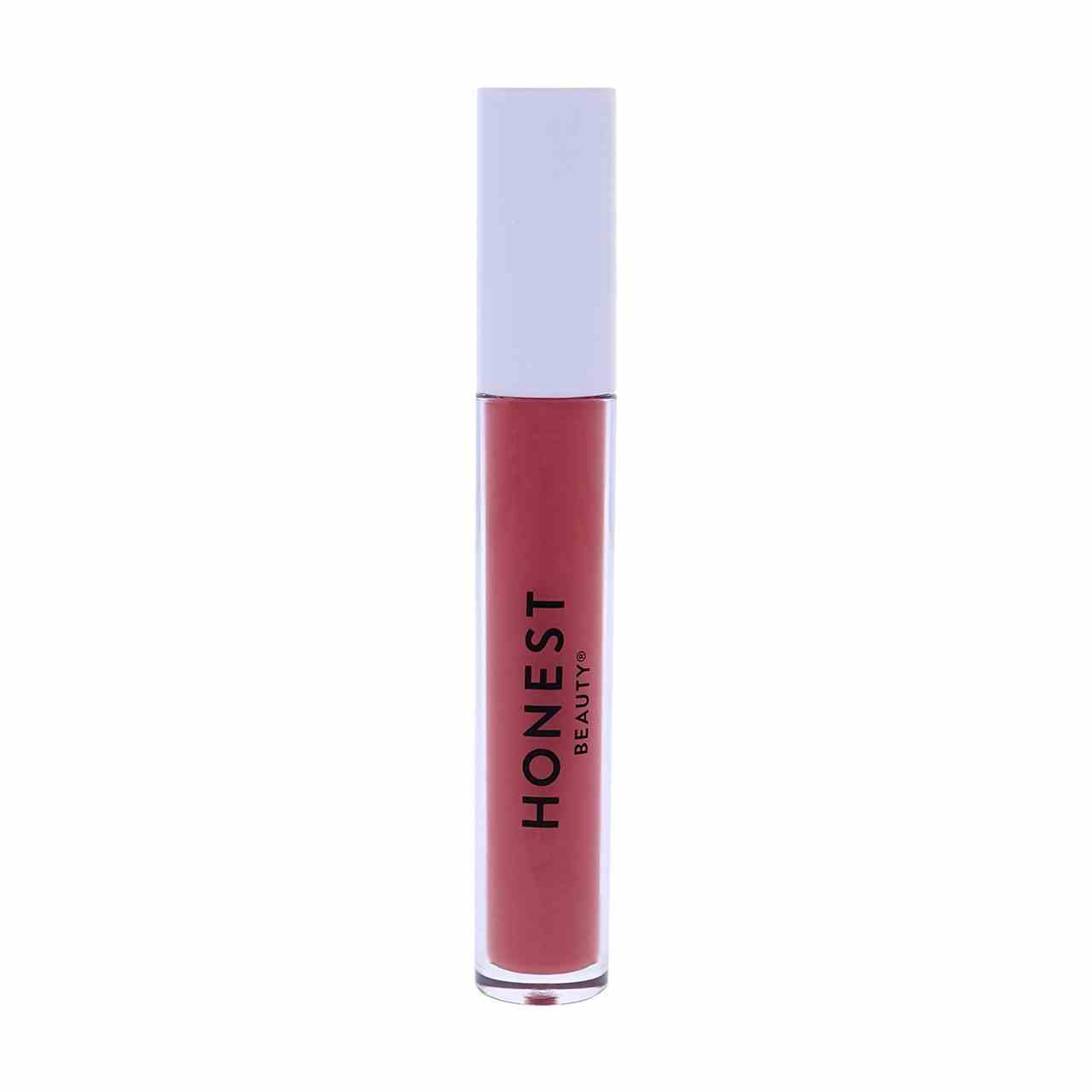 Honest Beauty Liquid Lipstick Vila aus flüssigem Beeren-Lippenstift mit weißer Kappe auf weißem Hintergrund