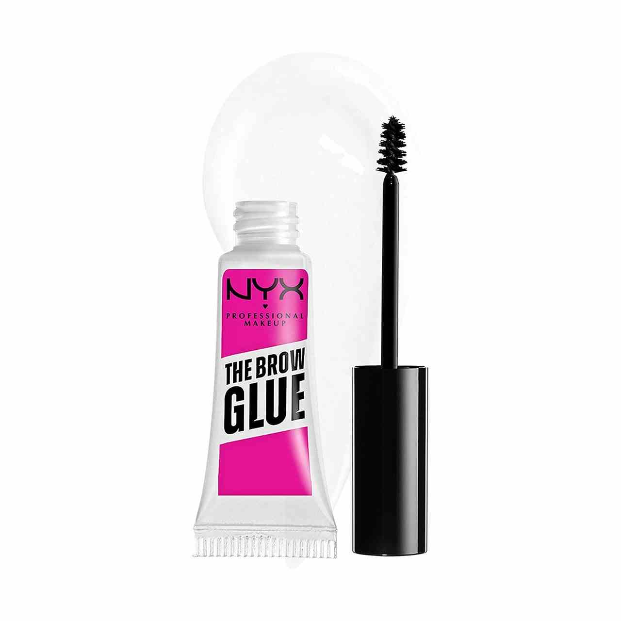 NYX Professional Makeup Extreme Hold Eyebrow Gel transparente Tube mit klarem Augenbrauengel mit rosa Etikett und schwarzer Kappe und Zauberstab auf weißem Hintergrund