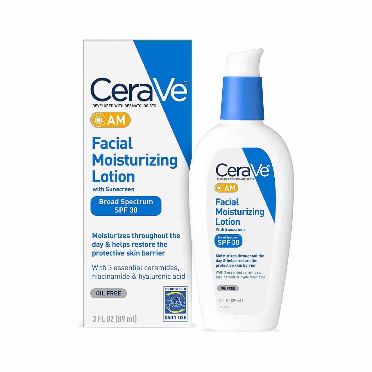 CeraVe AM Facial Moisturizing Lotion SPF 30 blau-weiße Flasche Lotion mit passender Box auf weißem Hintergrund