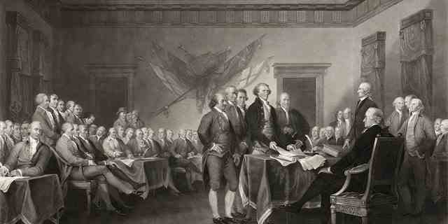 Dieses Vintage Bild kennzeichnet die Unterzeichnung der Unabhängigkeitserklärung.