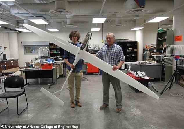 Der Doktorand für Luft- und Raumfahrttechnik Adrien Bouskela (links) und der Ingenieurprofessor Sergey Shkarayev (rechts) halten ein experimentelles Segelflugzeug in der Hand.  Die Forscher hoffen, dass die NASA eine „Catch a Ride“-Mission ihres Flugzeugs auf einem anderen Raumschiff zum Mars finanzieren wird