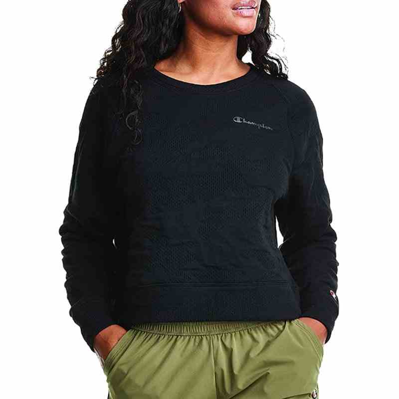 Champion Sport Soft Touch Double Knit Crew-Modell mit schwarzem Sweatshirt mit Mesh-Detail auf weißem Hintergrund