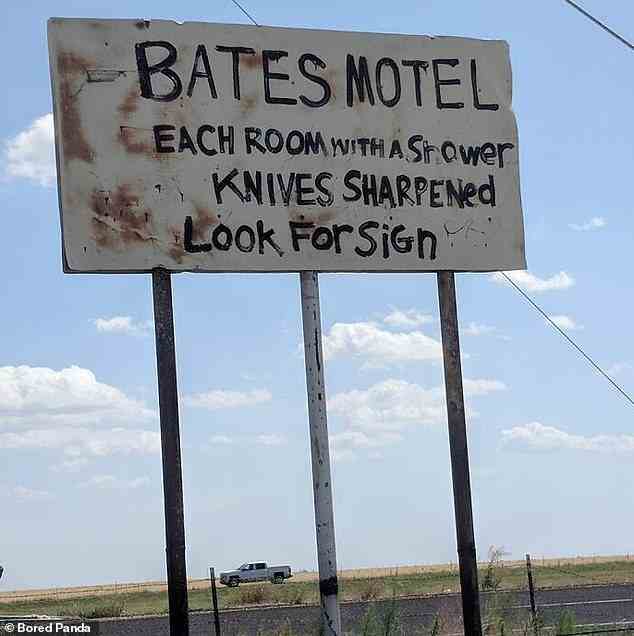 Dieses gruselige Zeichen wurde in Amarillo, Texas, entdeckt.  Wir sind uns nicht sicher, ob die Eigentümer tatsächlich wollten, dass Gäste dort bleiben. . .