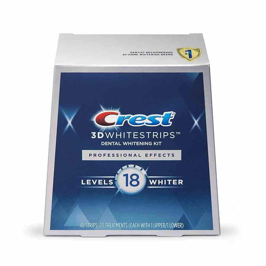 Crest 3D White Professional Effects Whitestrips Blaue und graue trapezförmige Box mit Zahnaufhellungsstreifen auf weißem Hintergrund