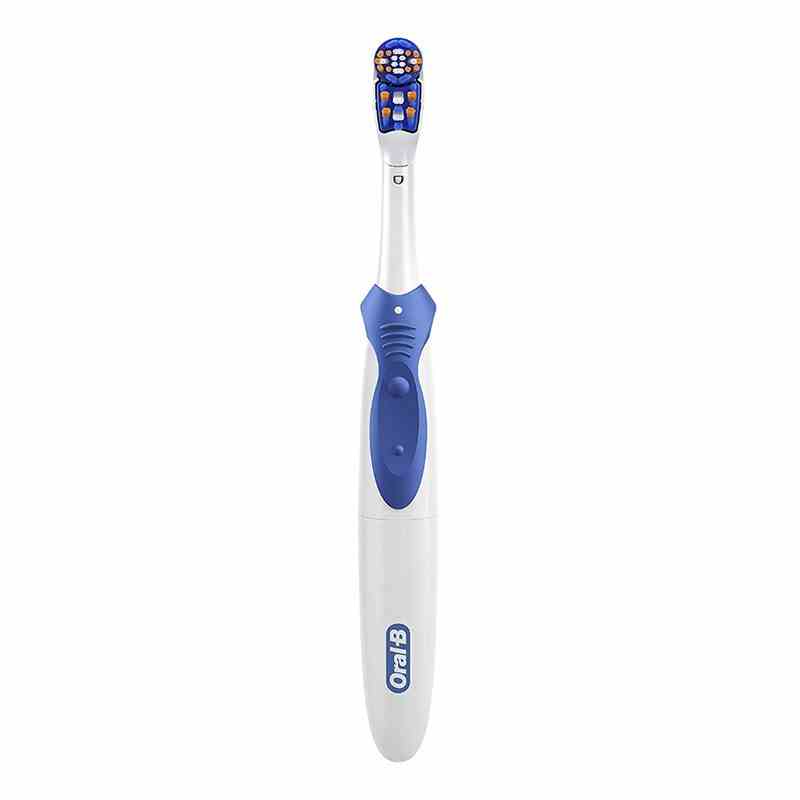 Die weiße und blaue elektrische Zahnbürste Oral-B 3D White Action Power Toothbrush auf weißem Hintergrund.