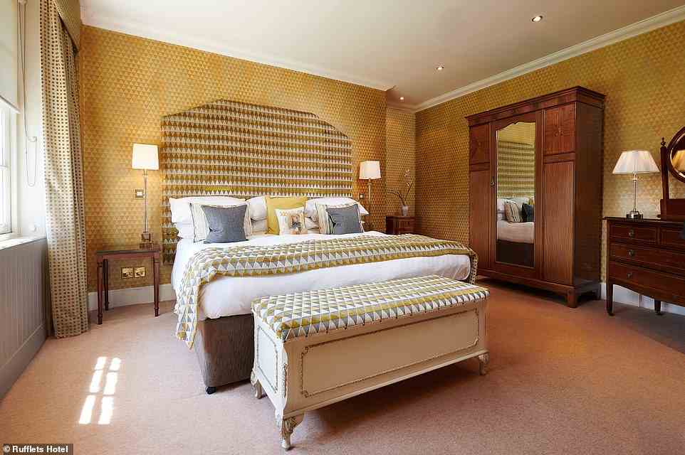 Rufflets Hotel has 'stylish, spacious bedrooms' that are 'individually decorated'. They include the Gilroy Suite (pictured), The Orchard Suite, and Turret Rooms, which have their own seating areas