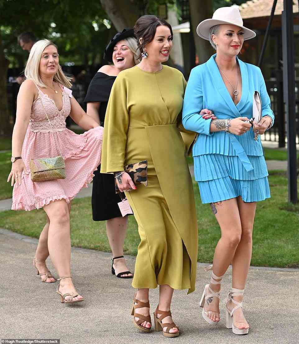 Others put on a leggy display in thigh skimming dresses and vibrant ensembles as they arrived at the racecourse in Suffolk this afternoon