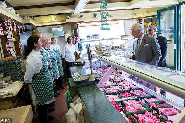 The Prince of Wales also took a tour of Andrew Rees and Sons butchers were he got to ask staff about their produce