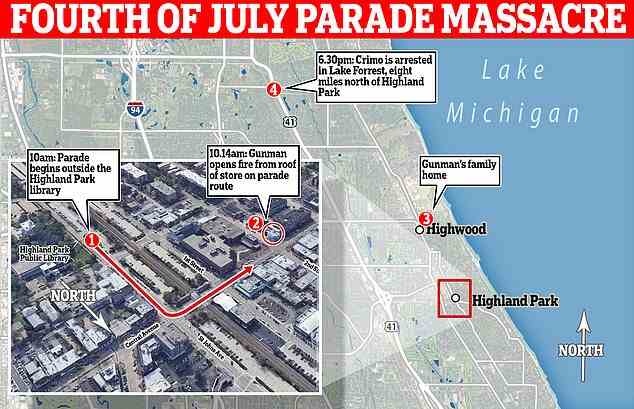 The gunman opened fire at 10.14am on Monday, barely 15 minutes into the parade. He then fled the scene and hid throughout the day before eventually being arrested at 6.30pm in Lake Forrest, eight miles north of where the massacre unfolded