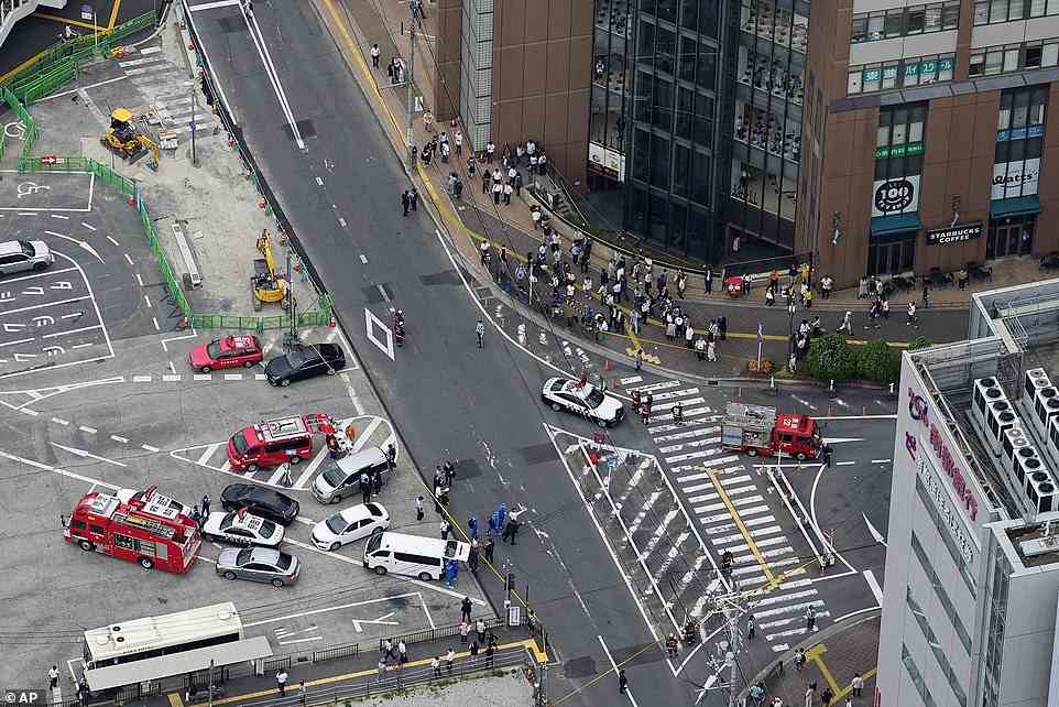 This aerial photo shows the scene of gunshots in Nara, western Japan Friday, July 8, 2022. Japan's former Prime Minister Shinzo Abe was shot and is reportedly in heart failure