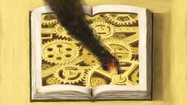 Abbildung eines aufgeschlagenen Buches, voller Zahnräder und Zahnräder, mit einem beginnenden Feuer und Rauch