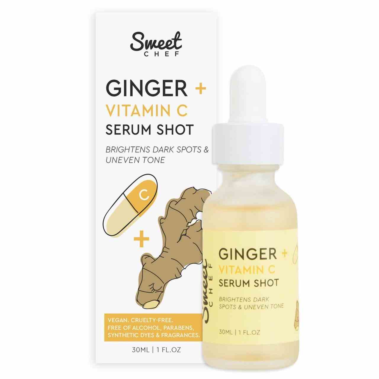 Sweet Chef Ginger + Vitamin C Serum Shot und Box auf weißem Hintergrund