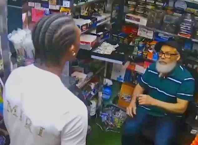 This was the altercation that led to Jose Alba's arrest last Friday. Alba, 62, is shown in a blue striped shirt and hat. Austin Simon, right, arrived in the store to confront Alba who had refused to give his girlfriend a bag of potato chips