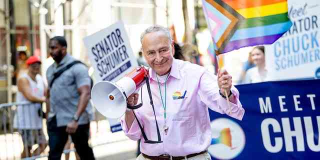 US-Senator Chuck Schumer marschiert während des New York City Pride March 2022 am 26. Juni 2022 in New York City.