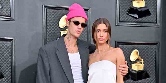 Hailey Bieber said her shared Christian values with husband Justin Bieber are a major reason they are together. Pictured at the Grammy Awards in April