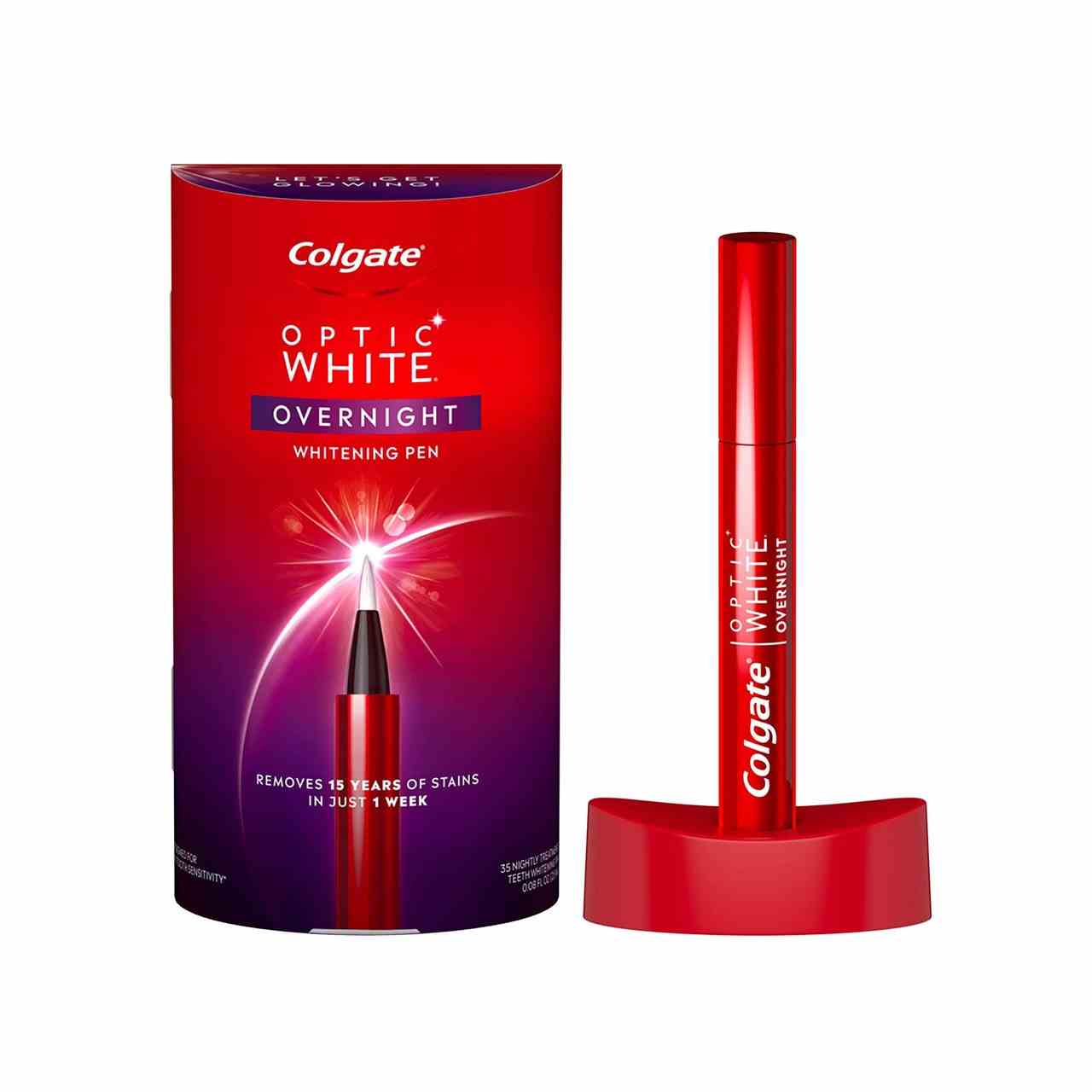 Colgate Optic White Overnight Teeth Whitening Pen Roter Aufhellungsstift und Ständer mit Farbverlaufsbox von Rot nach Violett auf weißem Hintergrund