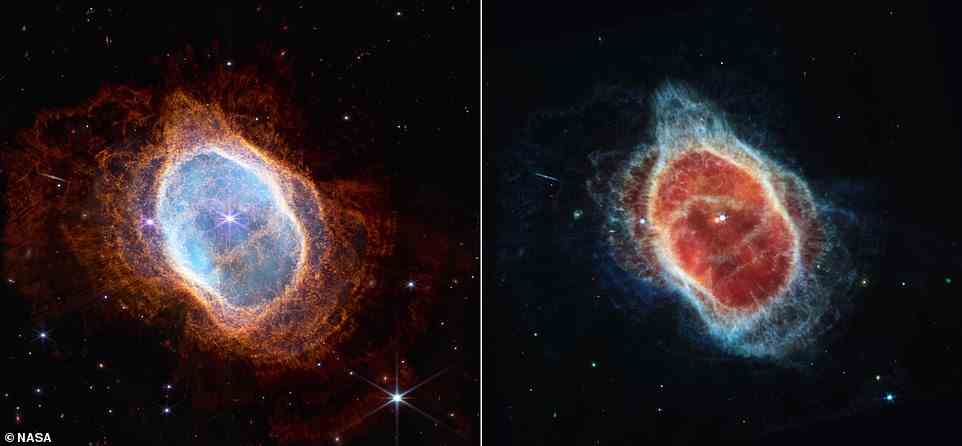 Zwei Kameras an Bord von Webb nahmen das neueste Bild dieses planetarischen Nebels auf, der als NGC 3132 katalogisiert und informell als Südlicher Ringnebel bekannt ist.  Er ist etwa 2.500 Lichtjahre entfernt.  Ein Bild wurde im nahen Infrarot (links) und ein weiteres im mittleren Infrarot (rechts) aufgenommen.