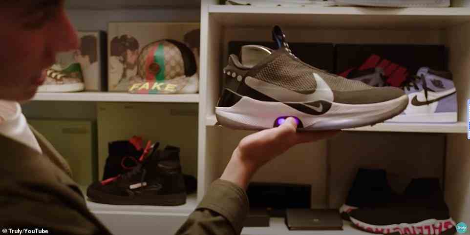 The YouTuber star, who makes up to $20,000 a month, pulled out his 'favorite shoes' while giving a tour of his closet. The high-tech Nike sneakers auto lace when you push the buttons