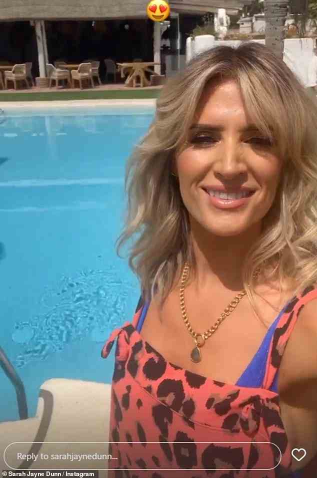 Fun in the sun: Sarah Jayne also gave fans a glimpse at the luxurious abode she stayed in for the trip as she filmed herself standing alongside the hotel pool