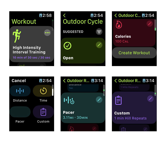 Sechs Screenshots, die die neuen benutzerdefinierten Workouts in der Betaversion von watchOS 9 zeigen.