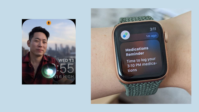 Ein Screenshot und ein Bild, die von links nach rechts ein schwebendes Siri-Symbol auf dem Startbildschirm von watchOS 9 und eine Erinnerung an Medikamente zeigen.