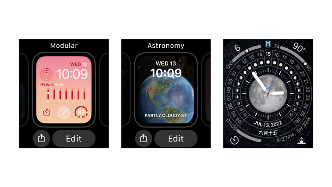 Drei Screenshots, die von links nach rechts die neuen Zifferblätter Modular, Astronomy und Lunar in der Beta-Version von watchOS 9 zeigen.