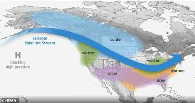 „Dies ist das dritte Jahr von La Niña, das ist wie der Klimawandel“, sagte Fanara.  Laut NOAA wird La Niña auch bis 2022 andauern, wobei die Wahrscheinlichkeit, dass es im Spätsommer der nördlichen Hemisphäre abnimmt, abnimmt.  Abgebildet ist eine Karte, die den Weg von La Niña zeigt