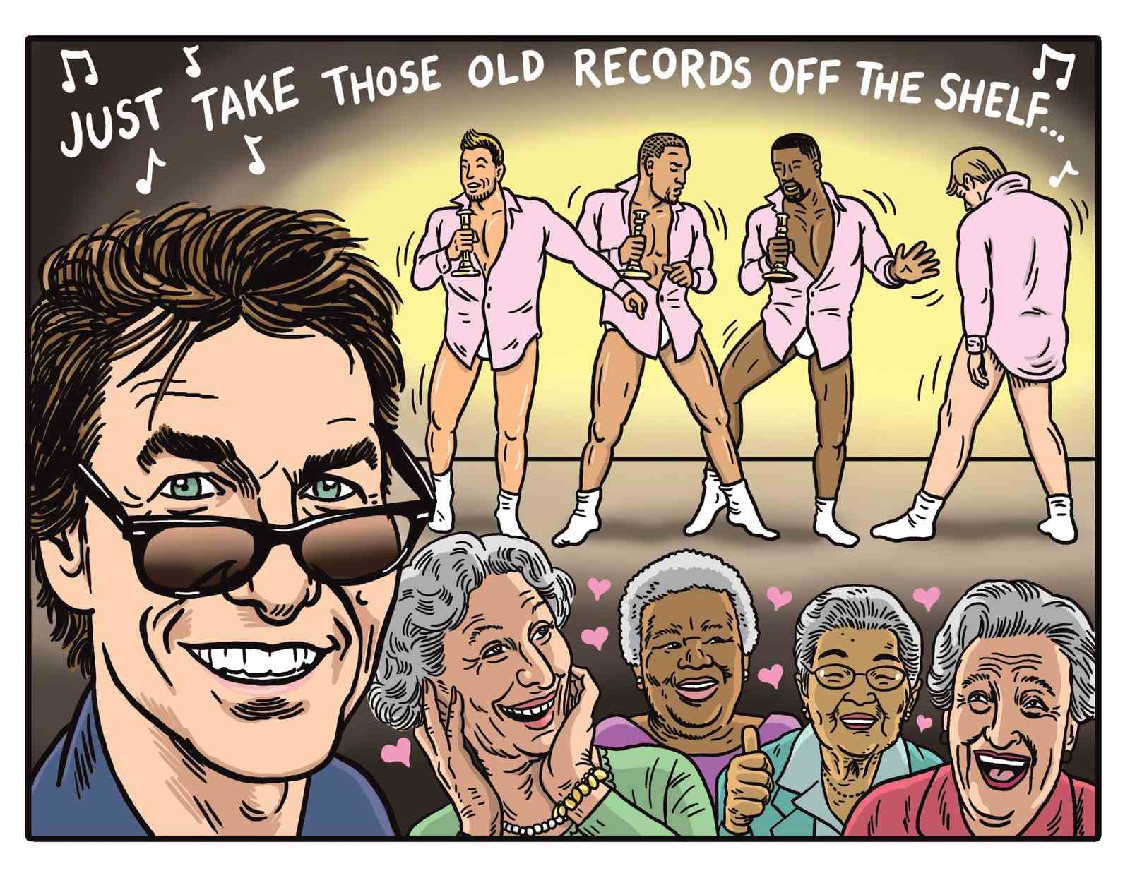 Tom Cruise sieht über den Rand seiner Sonnenbrille hinweg auf eine Reihe gutaussehender Männer in Hemden und Unterwäsche, die im Hintergrund tanzen, während...