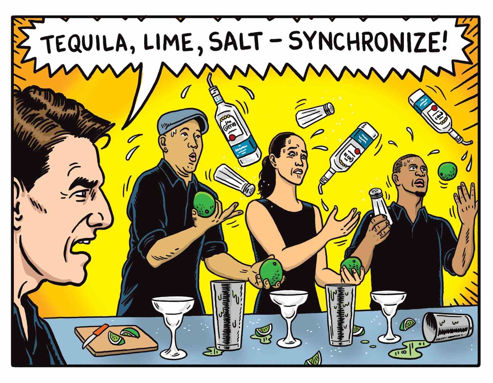 Tom Cruise schreit, während drei Barkeeper mit Tequila-Flaschen jonglieren.