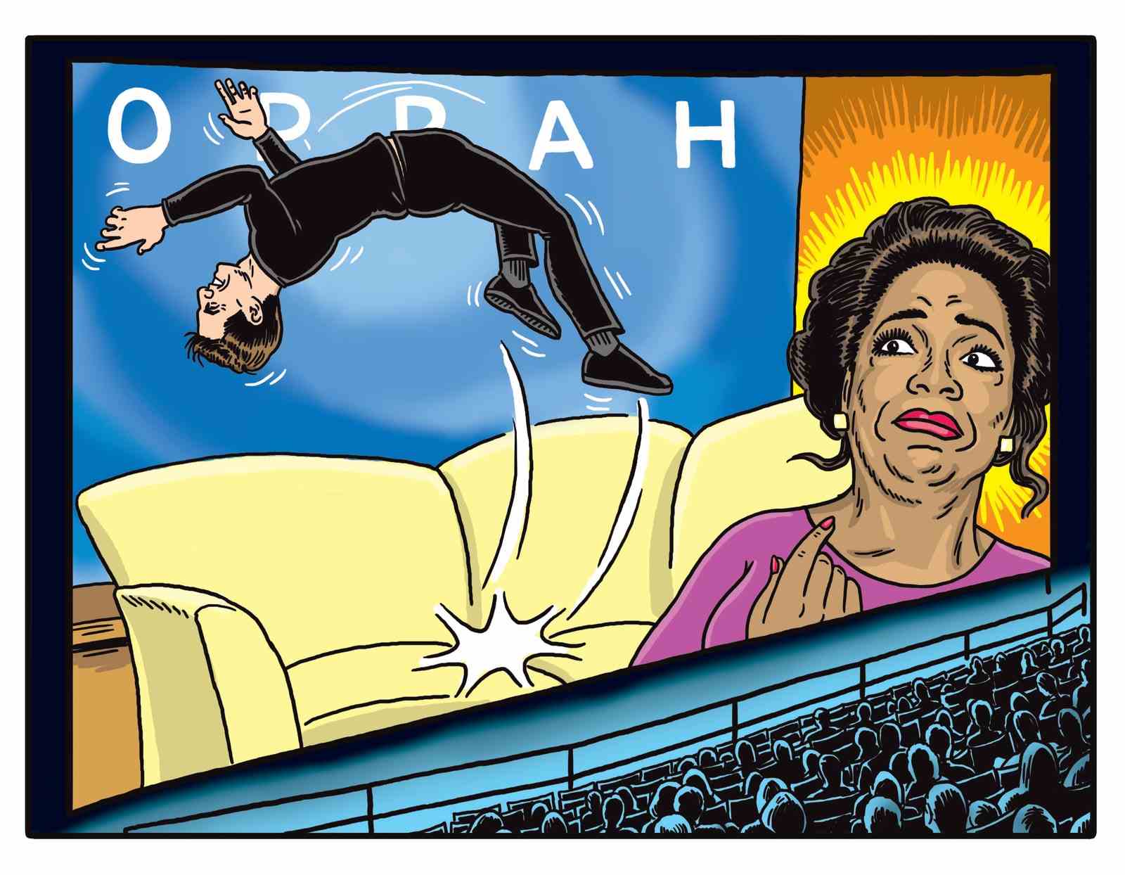 Auf einer Kinoleinwand sieht Oprah verängstigt aus, als Tom Cruise neben ihr auf die Couch hüpft.