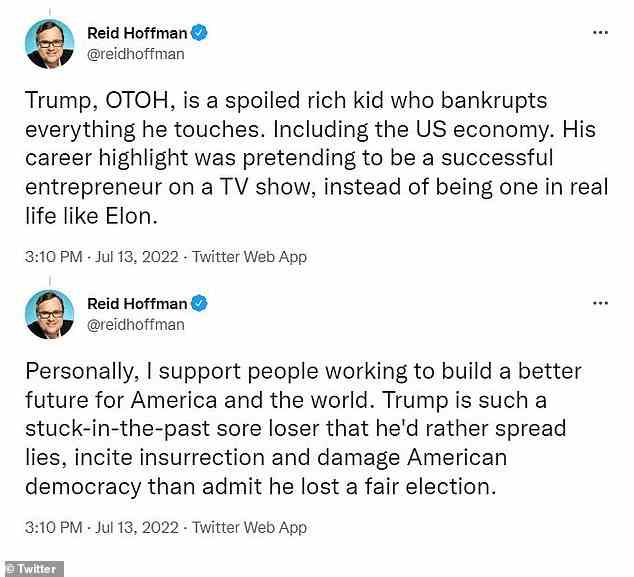 Hoffman, mit einem geschätzten Nettovermögen von 2 Milliarden US-Dollar, nannte Trump diese Woche auf Twitter einen „schlechten Verlierer“, um Musk zu verteidigen