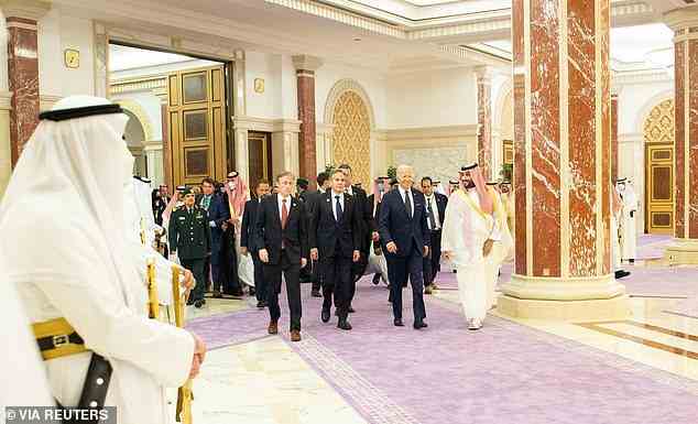 A handout photo of President Joe Biden  (second from right) being walked into the Al Salman palace by MBS (right), flanked by National Security Advisor Jake Sullivan (left) and Secretary of State Antony Blinken (second from left)
