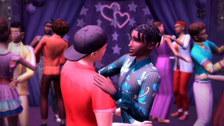 Zwei Sims tanzen beim Abschlussball in Die Sims 4: High School Years.
