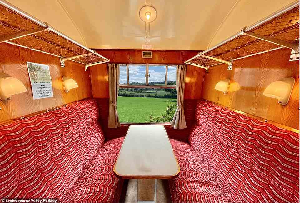 An Ecclesbourne Valley Railway train compartment. Upcoming events include a summer diesel gala (August 5 to 7) and a 'Taste of Faulty Towers' theatrical dining experience on Saturday August 20 and Sunday September 10