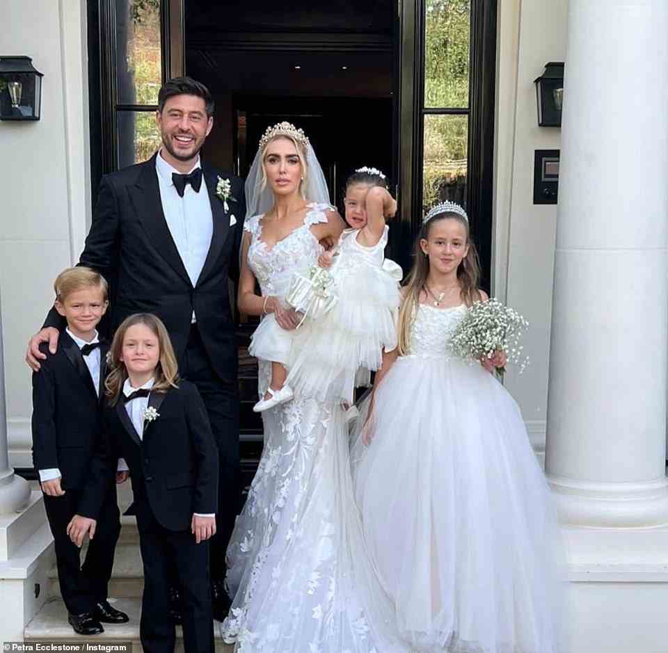 Stunning: Petra Ecclestone looked every inch the blushing bride as she tied the knot with her partner Sam Palmer in a lavish wedding ceremony on Saturday