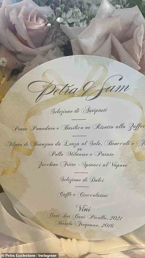 In the detail: Petra shared a snap of the menu her guests chose from during the reception