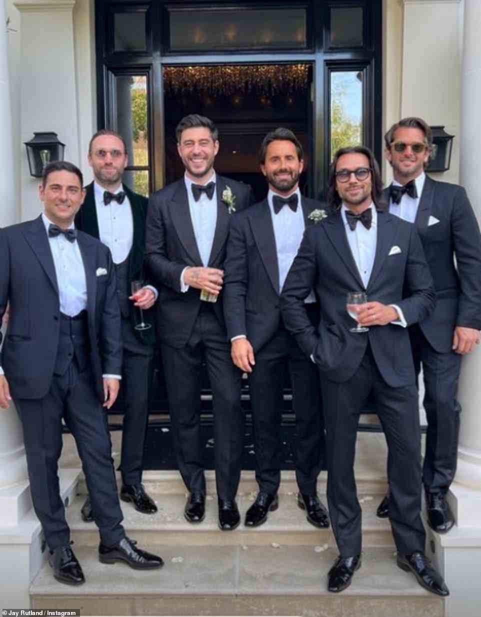 Dapper: Tamara's husband Jay shared a snap of himself alongside Sam and the rest of the groom party outside the venue